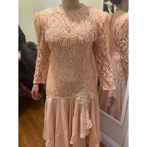 Vintage Desiree New York peach salmon pink lace long sleeve dress size 14